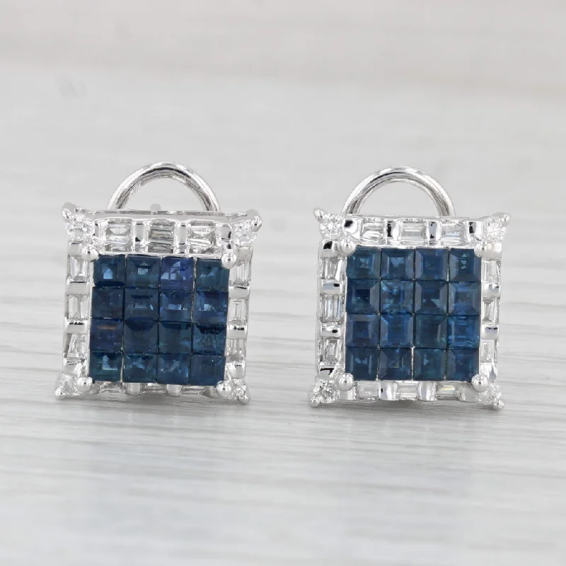 Colorful Statement Earrings-1.62ctw Blue Sapphire Diamond Halo Earrings 18k White Gold Omega Backs