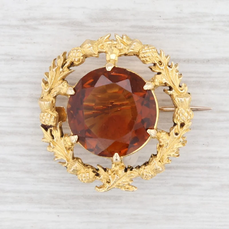 Trendy Brooch with Natural Stone and Charms-Antique 5.50ct Citrine Wreath Pin 15k Yellow Gold Orange Gemstone Brooch