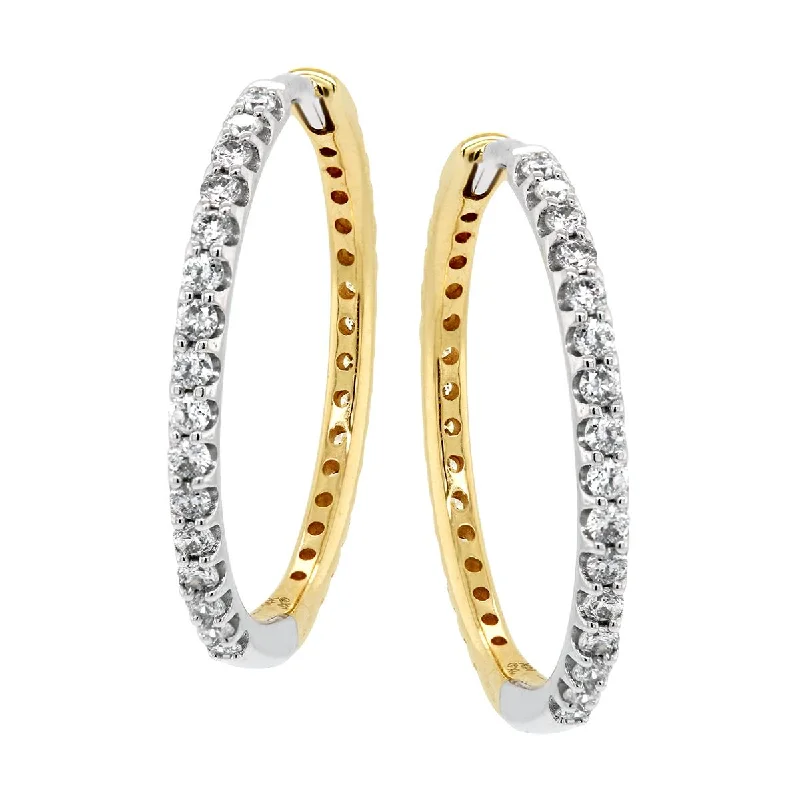 Art Deco Earrings-TWO-TONE GOLD CLASSIC STYLE DIAMOND HOOP EARRINGS, 3/4 CT TW