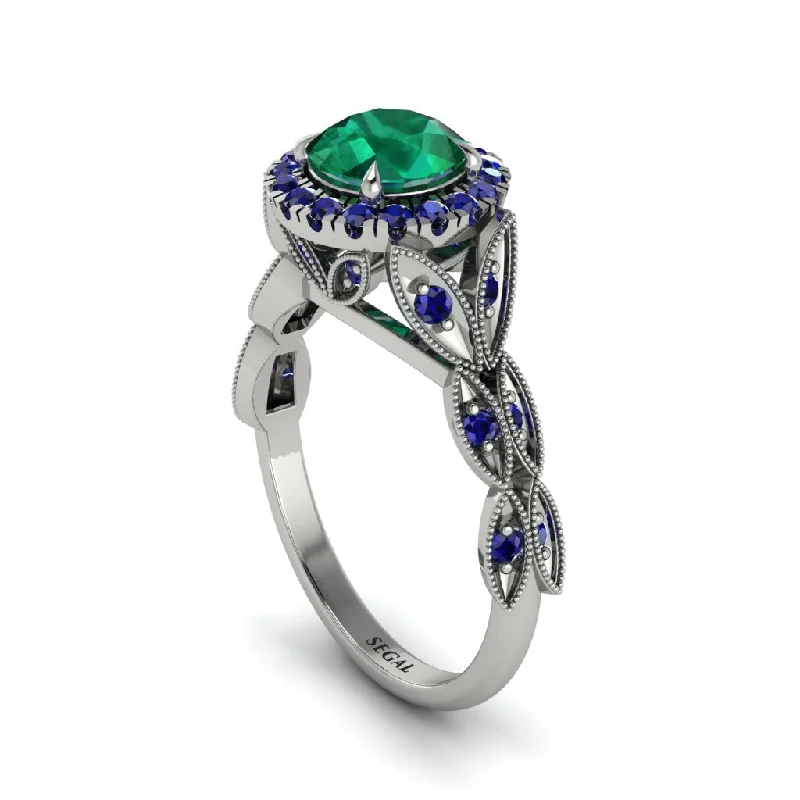 Custom Diamond Ring for Weddings-Emerald Halo Nature Inspired Leaf Engagement Ring - Alessandra No. 66