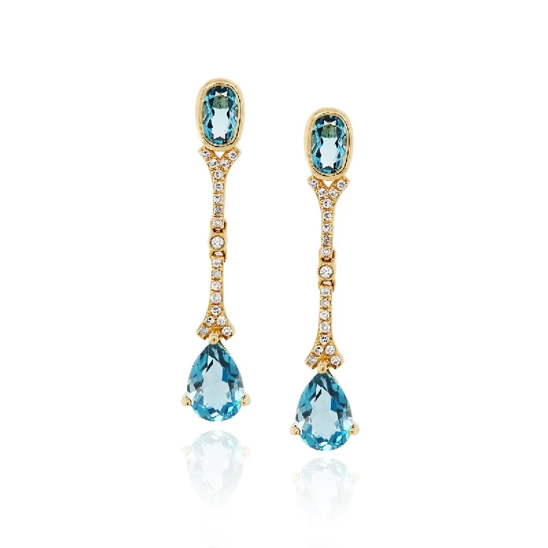 Big Hoop Earrings for Women-YELLOW GOLD DANGLE EARRINGS WITH BLUE TOPAZ AND DIAMONDS, .09 CT TW