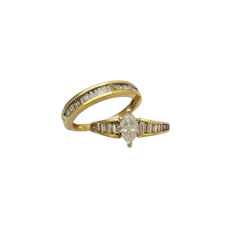 Elegant Men’s Ring with Engraving-Diamond Two-Piece-Set Marquise & Baguette/Round Channel-Set Engagement Ring (14K)