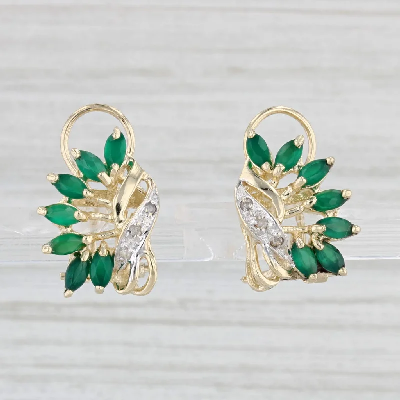 Boho Style Earrings-Green Chalcedony Cluster Diamond Earrings 14k Yellow Gold Omega Back Drops