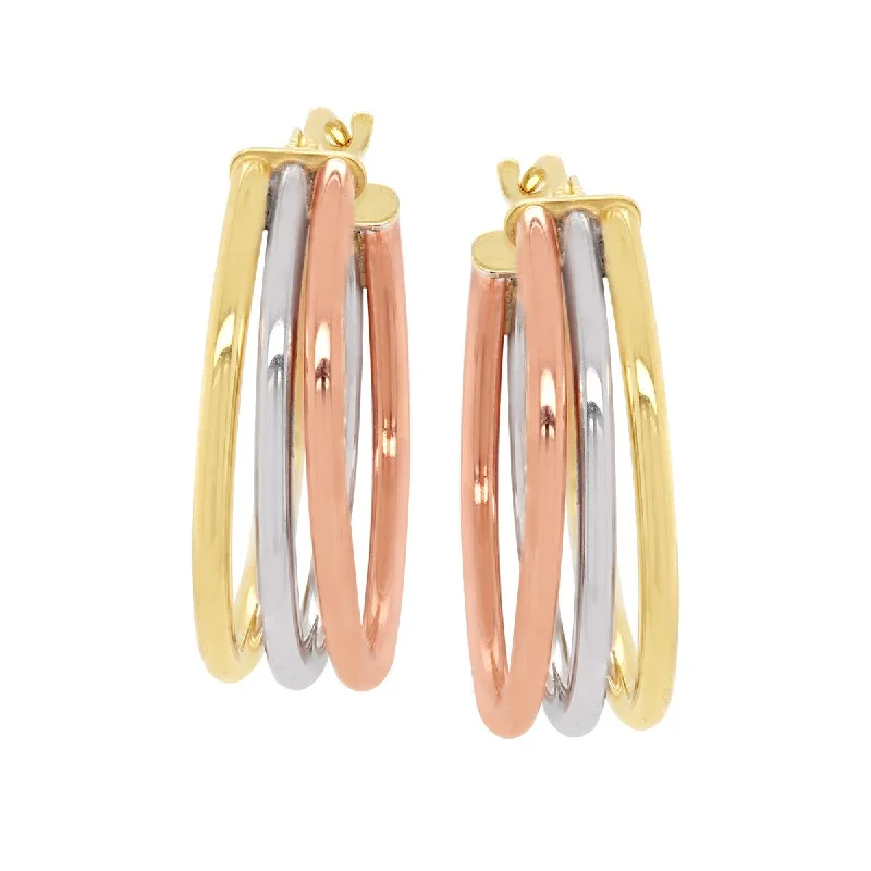 Chunky Earrings for Women-TRI-TONE GOLD TRIPLE OVAL HOOP EARRINGS