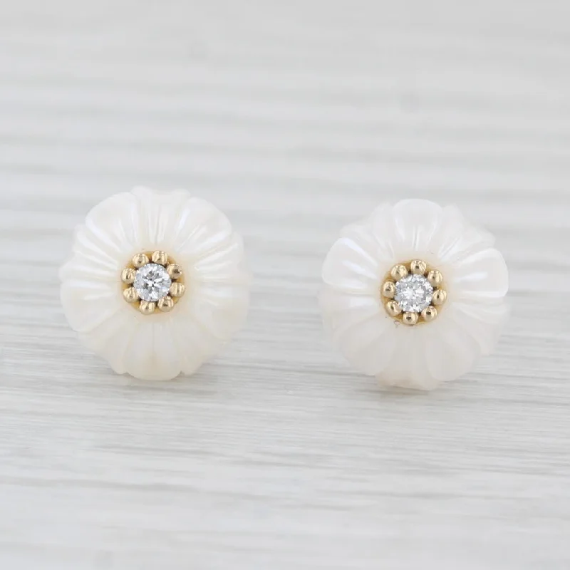 Classic Hoop Earrings-New Cultured Pearl Carved Daisy Flower Diamond Stud Earrings 14k Gold Galatea