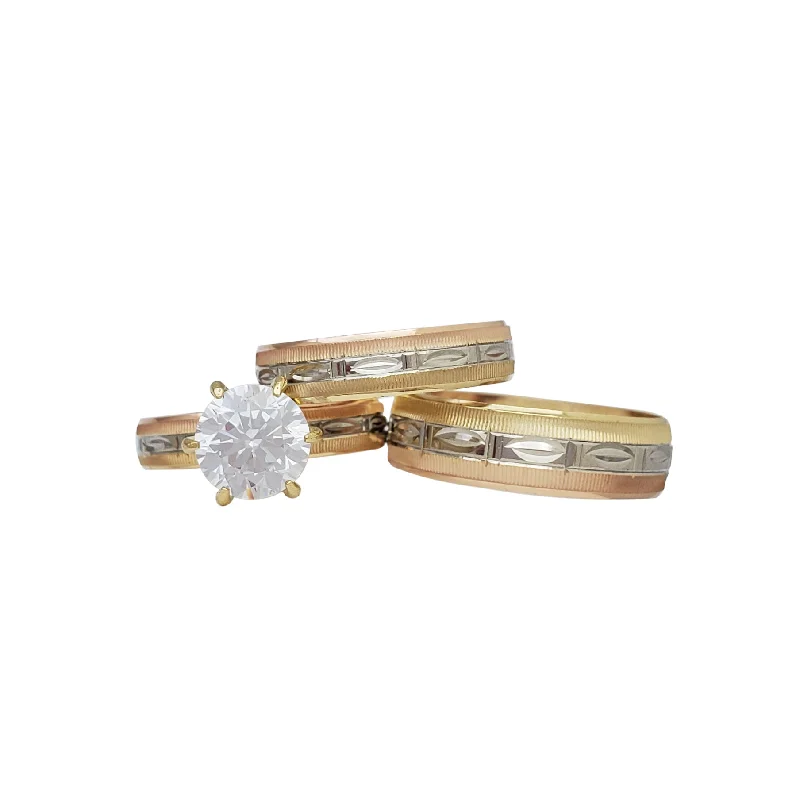 Designer Gold Ring with Unique Shape-Tricolor Three-Piece Set Engagement Rings (14K)