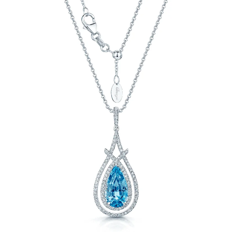 Fine Silver Necklace for Special Occasions-18ct White Gold Pear Aquamarine And Diamond Double Framed Pendant With A Diamond Bale