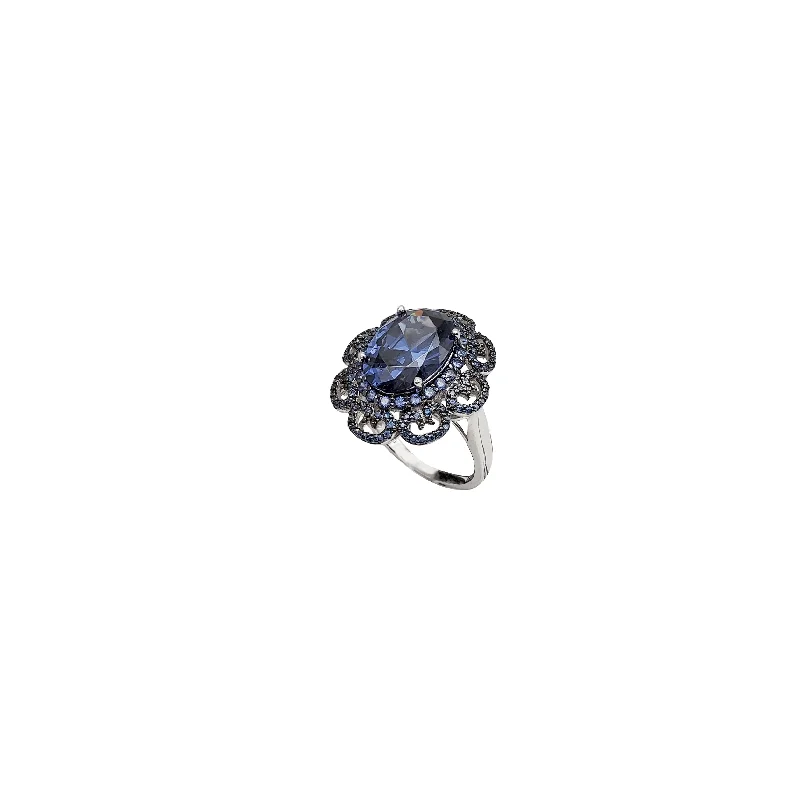 Fashionable Silver Ring with Gemstones-Blue Stone Cubic Zirconia Flower Ring (Silver)