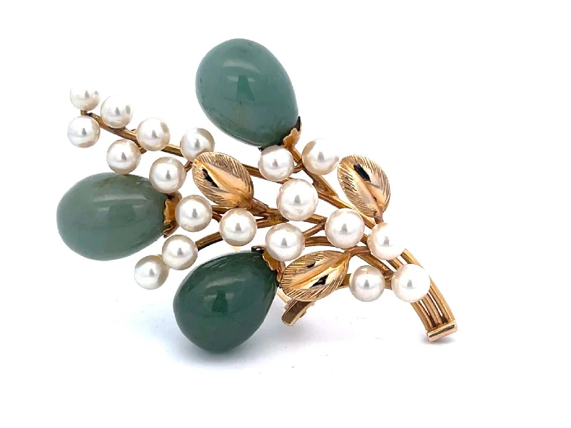 Simple Gold Brooch with Minimalist Design-Mings Oval Jade Droplets Leaf and Pearl Brooch in 14k Yellow Gold