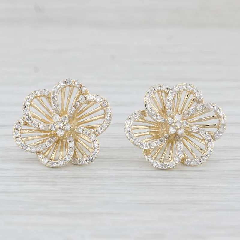 Bright Color Earrings-0.60ctw Diamond Flower Earrings 10k Yellow Gold Pierced Floral Studs