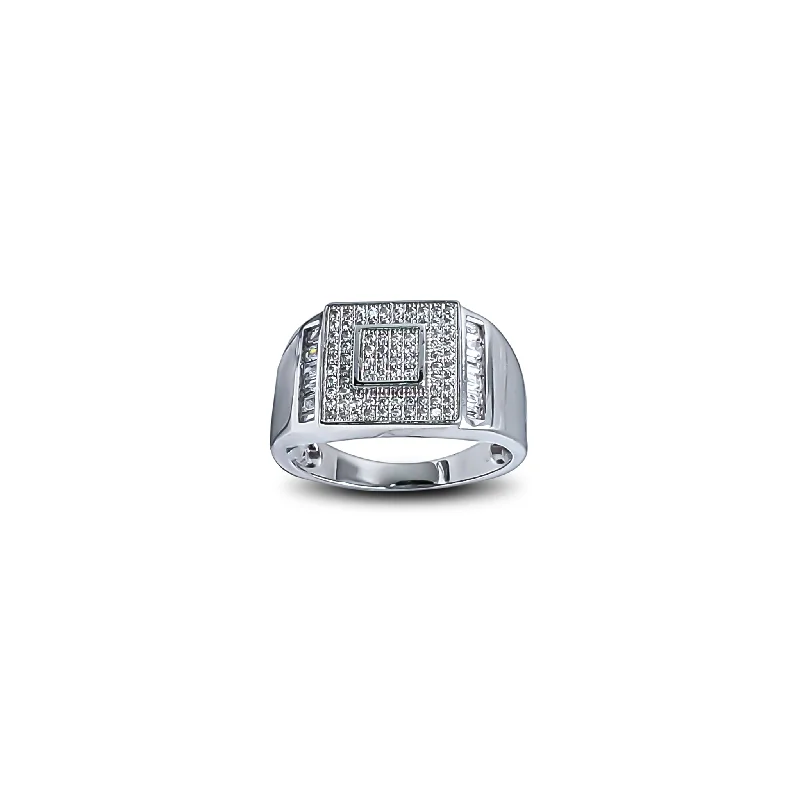 Simple Silver Ring with Geometric Design-Pave Double Square Men's Ring (Silver)