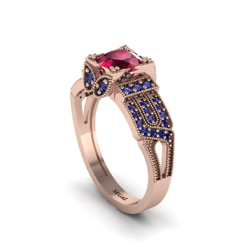 Fashionable Cocktail Ring with Colored Stones-Ruby Milgrain Gold Engagement Ring - Lyric No. 71