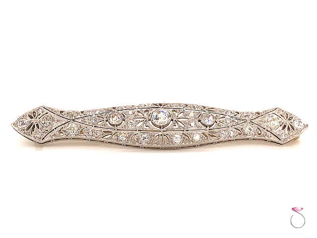 Elegant Crystal Brooch with Floral and Heart Details-Art Deco Diamond Brooch in Platinum, 3.10 Carats