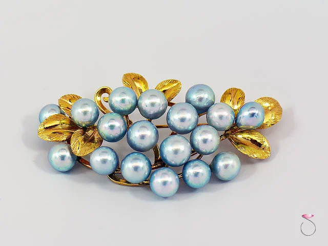 Classic Gold Brooch with Heart-Shaped Crystal-Ming's Hawaii Silver Blue Pearls Large Cluster Brooch in 14K