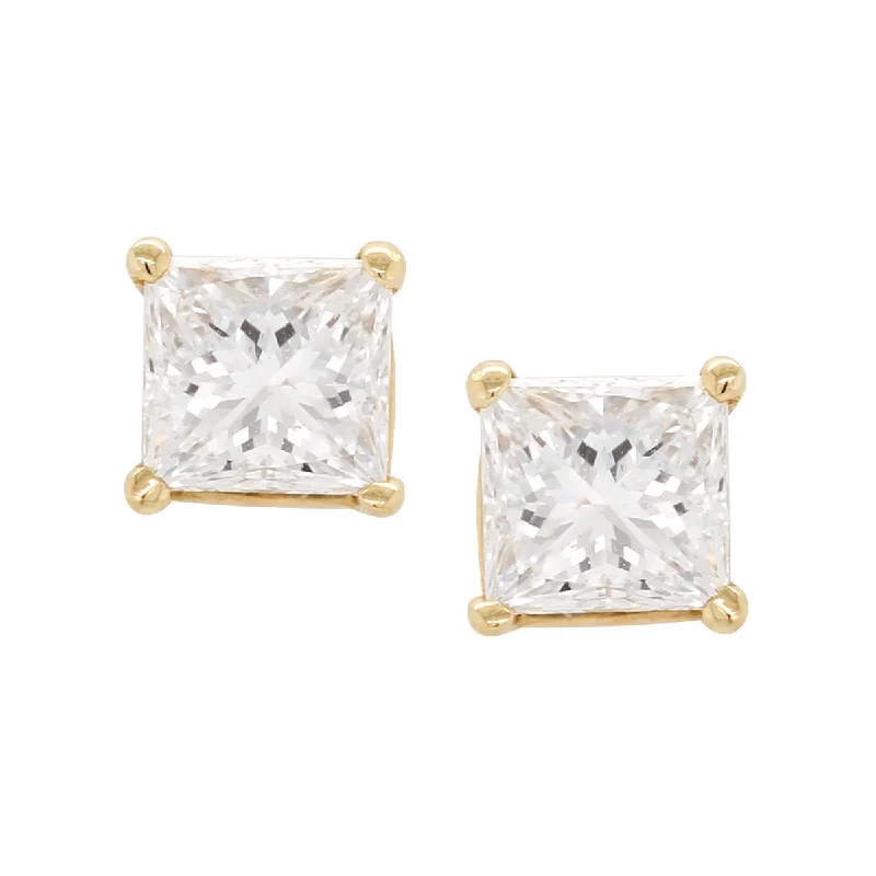 Gold Plated Earrings-YELLOW GOLD PRINCESS CUT DIAMOND STUD EARRINGS, 1.06 CT TW