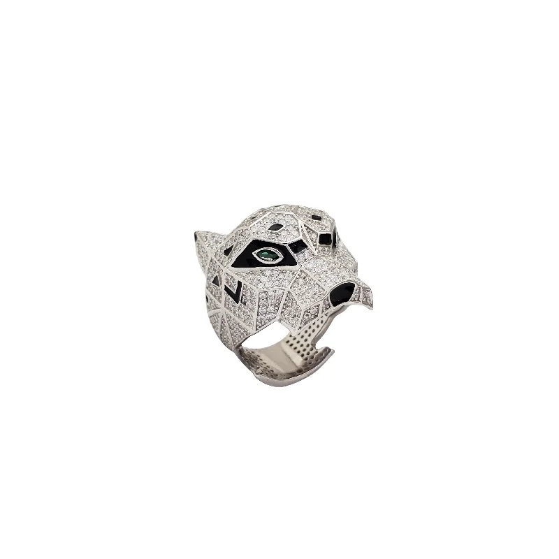 Fashionable Stacking Ring Set for Women-Iced Out Panther Ring (Silver)