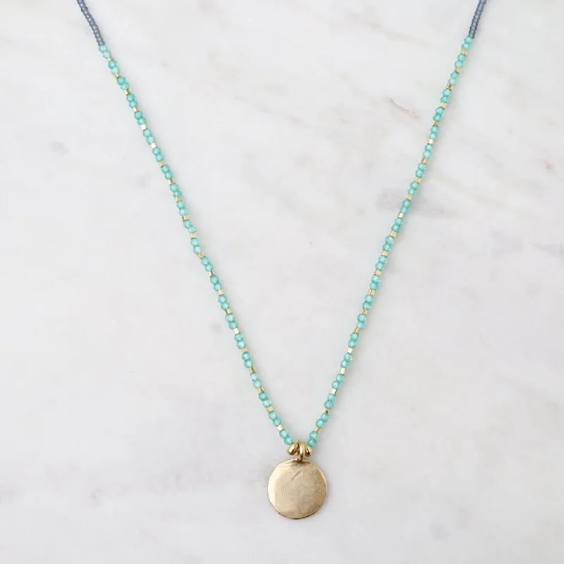 Luxury Gold Necklace with Diamonds-Grey, Green Onyx & Gold Vermeil Hammered Disc Charm Necklace