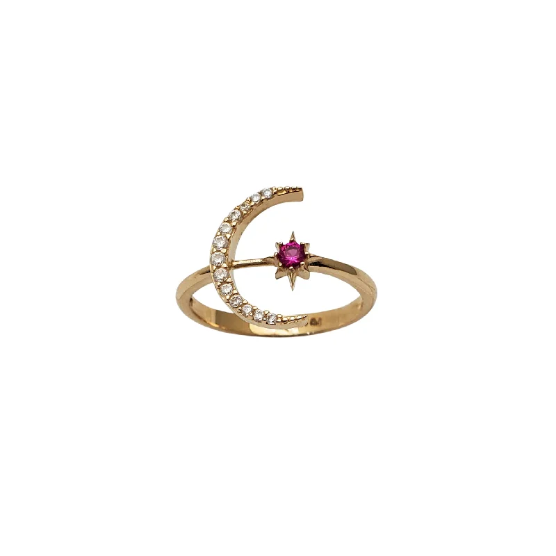 Classic Gold Ring with Minimalist Design-Red North Star & Crescent Moon Ring (14K)