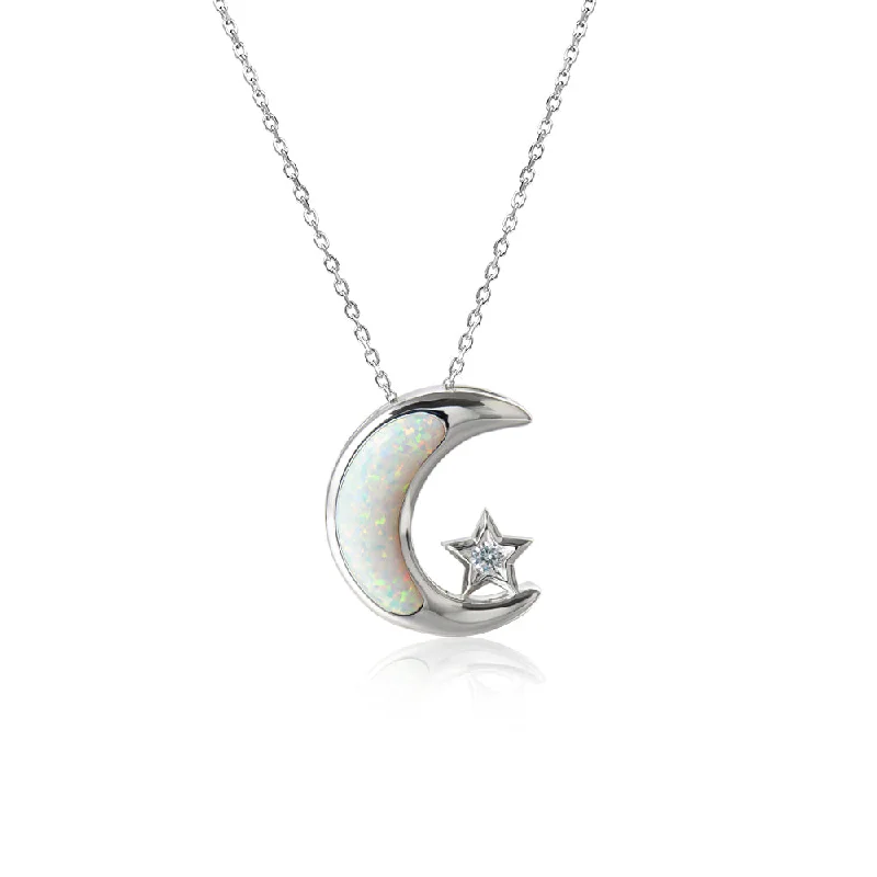 Wedding Necklace with Pearls-Sterling Silver White Opal Moon & Star Pendant by Alamea