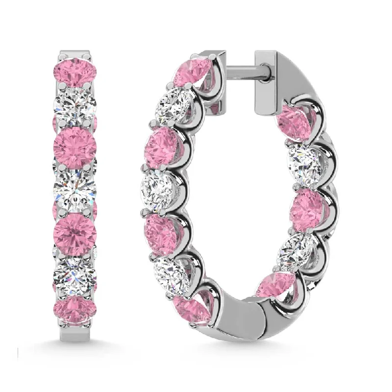 Bohemian Earrings for Festivals-14K White Gold  4 Ct.Tw. Alternate White and Pink Lab Grown Diamond Hoop Earrings