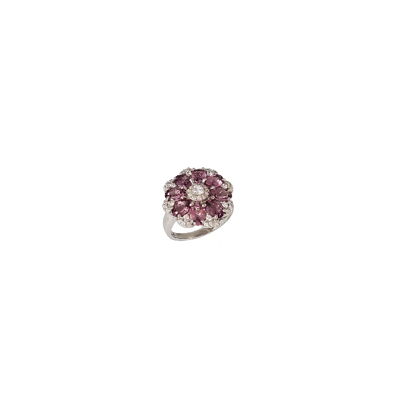 Custom Heart-shaped Diamond Ring for Brides-Pink Sapphire Flower Cocktail Ring (Silver)