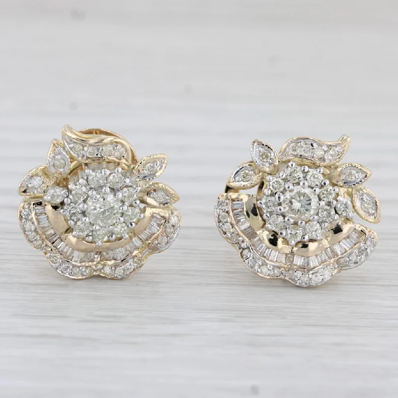 Cute Heart Earrings for Girls-1.48ctw Diamond Flower Stud Statement Earrings 14k Yellow Gold