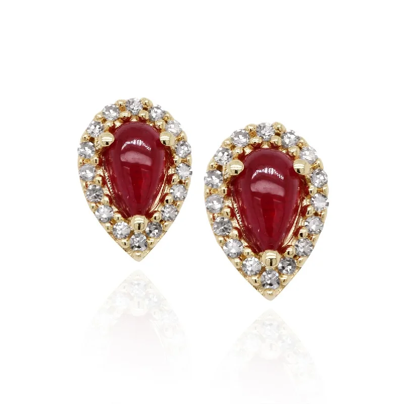 Wedding Earrings for Brides-YELLOW GOLD STUD EARRINGS WITH PEAR SHAPED RUBIES AND DIAMOND HALOS, .09 CT TW