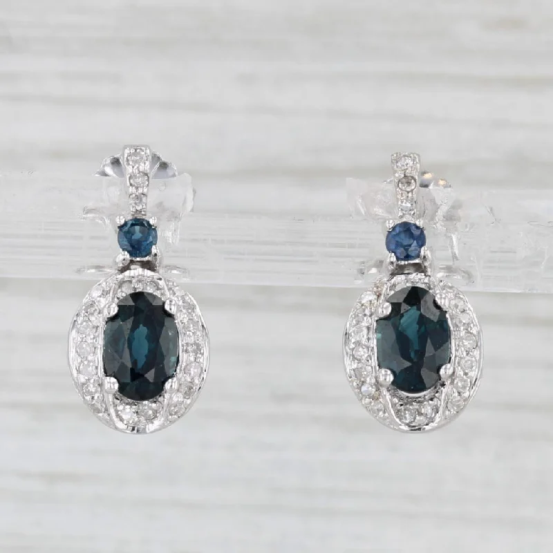 Textured Earrings for Women-1.60ctw Blue Sapphire Diamond Drop Earrings 14k White Gold