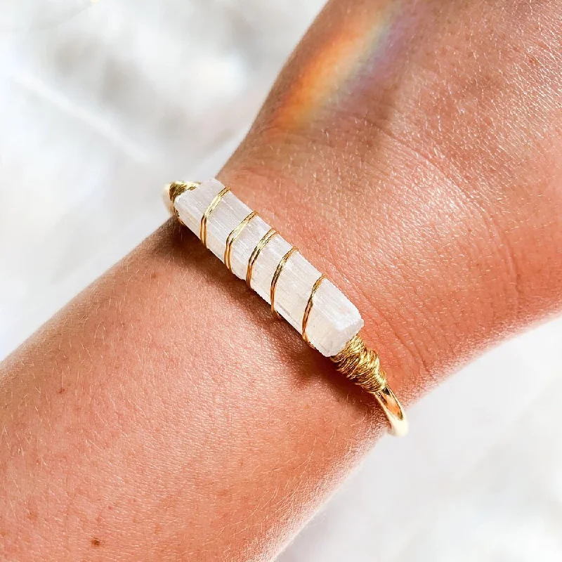 Elegant Silver Bangles for Bridesmaids-Wire Wrapped Selenite Bangle