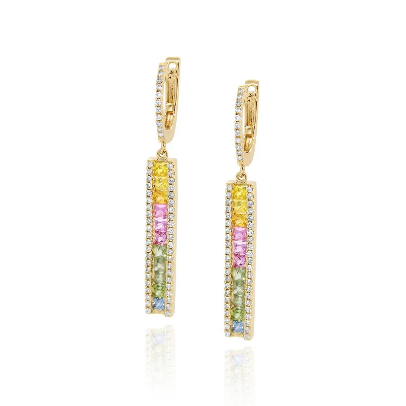 Mixed Metal Earrings-YELLOW GOLD DANGLE EARRINGS WITH MULTICOLORED SAPPHIRES AND DIAMONDS, .44 CT TW