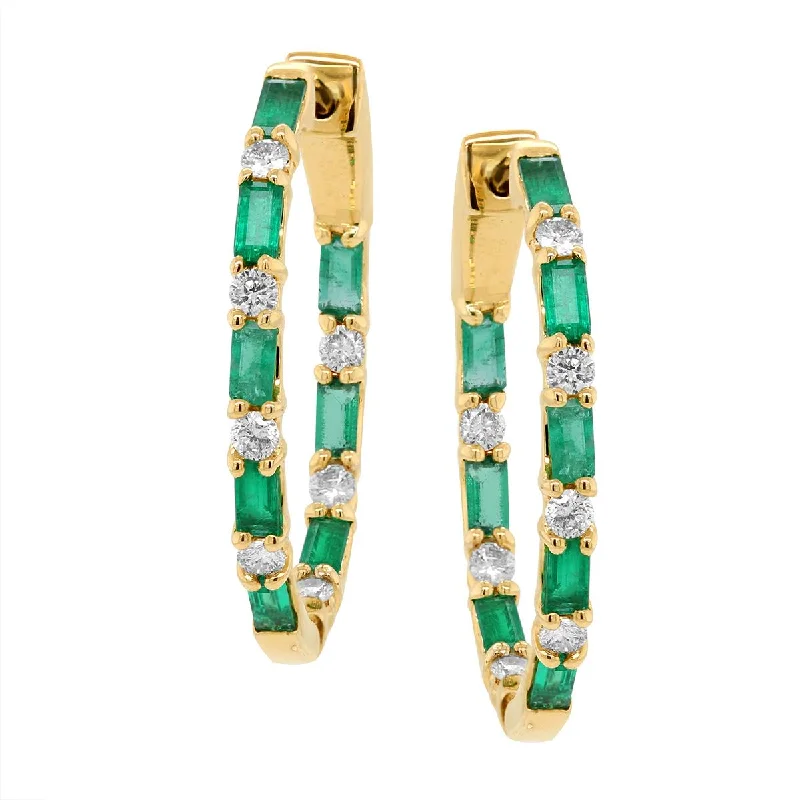 Animal Shaped Earrings-YELLOW GOLD HOOP EARRINGS WITH BAGUETTE EMERALDS AND ROUND DIAMONDS, .54 CT TW