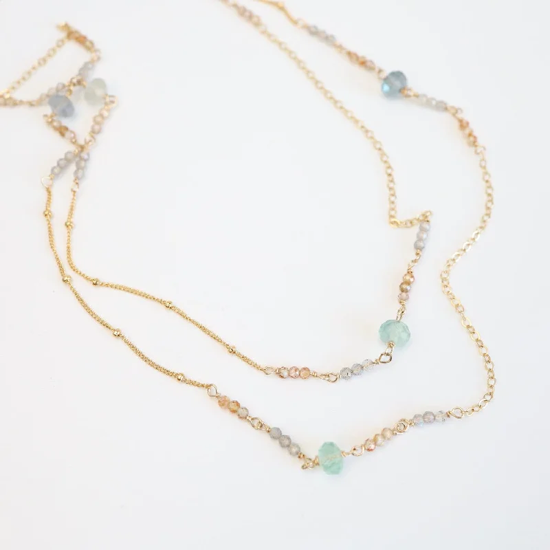 Classic Teardrop Crystal Necklace-36" Mixed Gold Filled Chain with Stations of Flourite Necklace