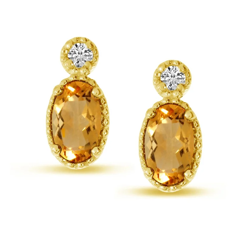 Blue Sapphire Earrings-YELLOW GOLD STUD EARRINGS WITH OVAL CITRINE AND ROUND DIAMONDS, .03 CT TW