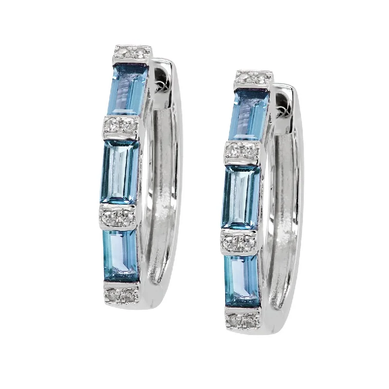 Multi-Colored Earrings for Women-WHITE GOLD HOOP EARRINGS WITH BAGUETTE BLUE TOPAZ AND ROUND DIAMONDS, .05 CT TW