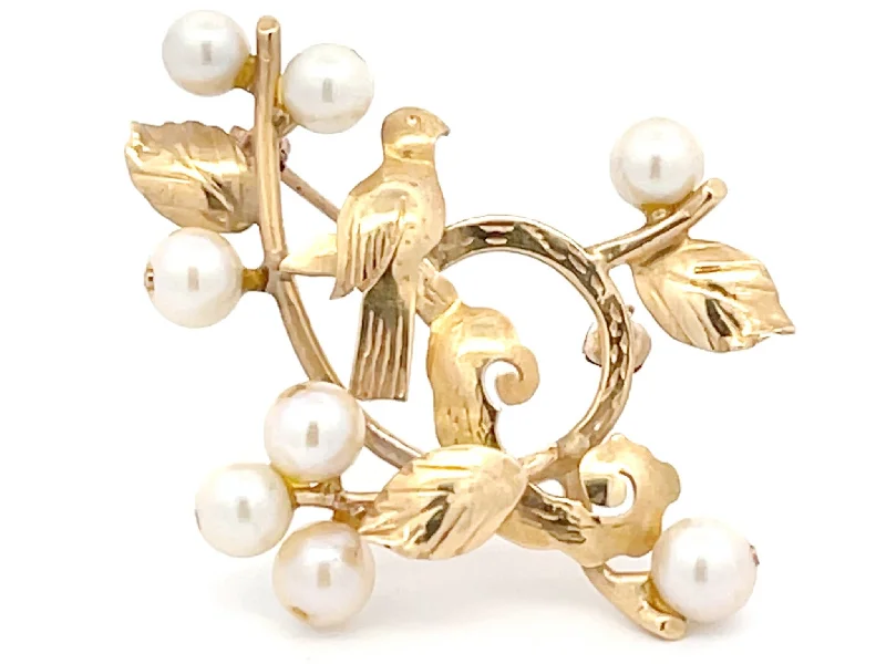 Personalized Leaf Brooch with Custom Design-Mings Bird on a Plum Akoya Pearl Brooch in 14k Yellow Gold