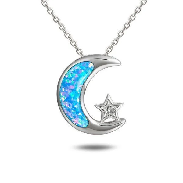 Layered Necklace for Trendy Look-Sterling Silver Blue Opal Moon & Star Pendant by Alamea