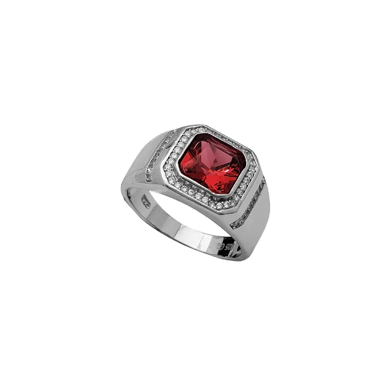 Fashionable Wedding Ring Set for Couples-Zirconia Halo Red Stone Signet Ring (Silver)