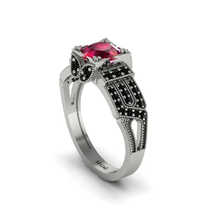 Simple Band Ring with Diamond Accent-Ruby Milgrain Gold Engagement Ring - Lyric No. 42