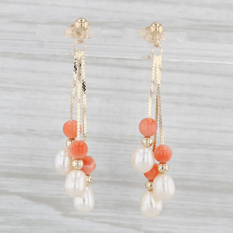 Clear Crystal Earrings-Vintage Orange Coral Cultured Pearl Dangle Earrings 14k Yellow Gold Bead Drops