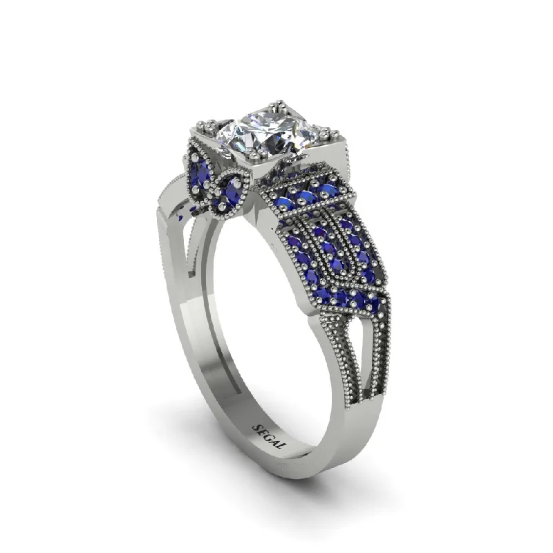 Elegant Silver Ring with Sapphire Stone-Diamond Milgrain Gold Engagement Ring - Lyric No. 63