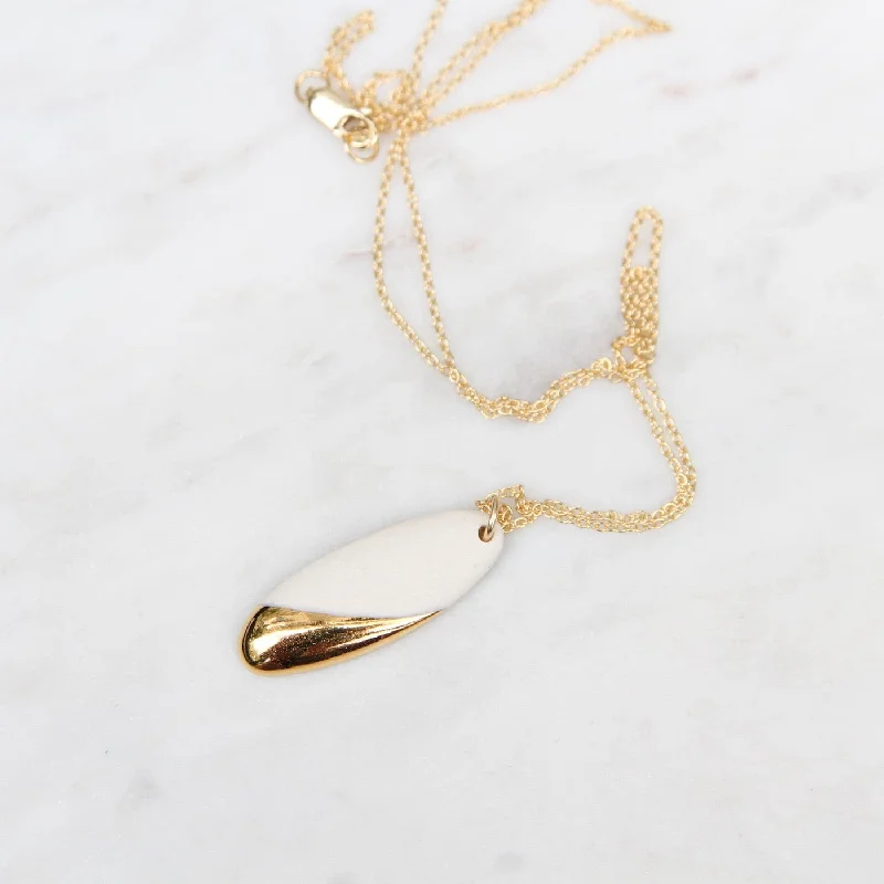 Sparkling Gemstone Necklace for Parties-Gold Dipped Long Oval Necklace - White