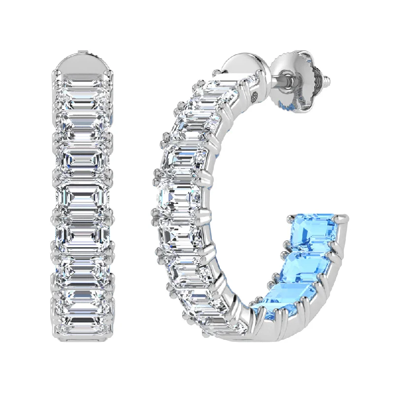 Elegant Long Earrings-14K White Gold Lab Grown 5 5/8 Ct.Tw. Outside White and Inside Blue Emerald Hoop Earrings