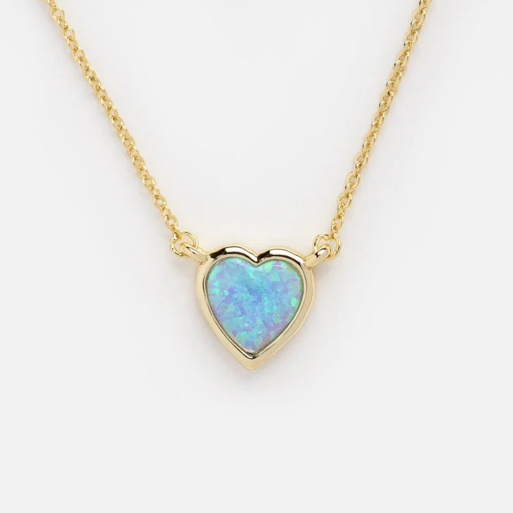 Simple Sapphire Necklace for Bridesmaids-Lustig Blue Opal Heart Necklace