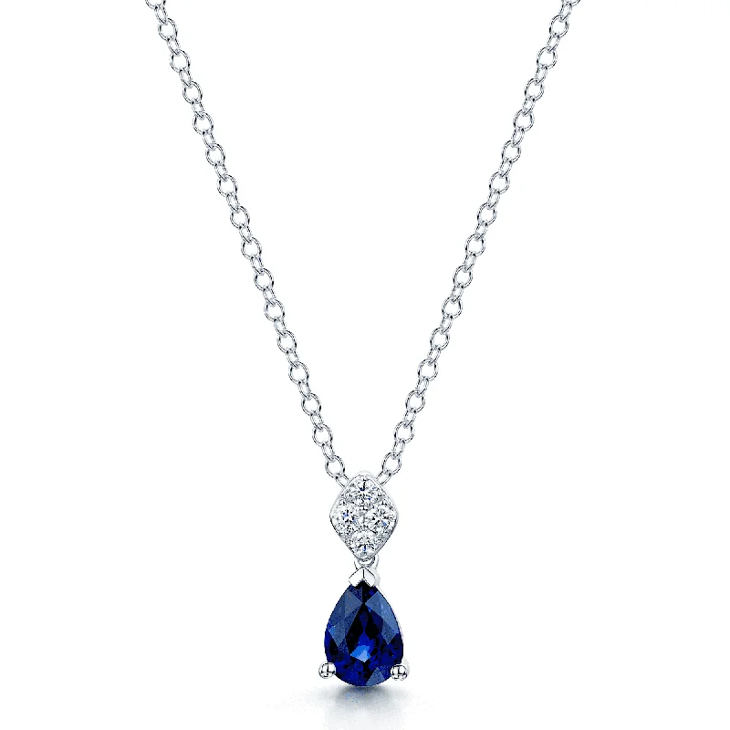 Wedding Necklace with Diamond Pendant-18ct White Gold Pear Sapphire And Diamond Drop Pendant