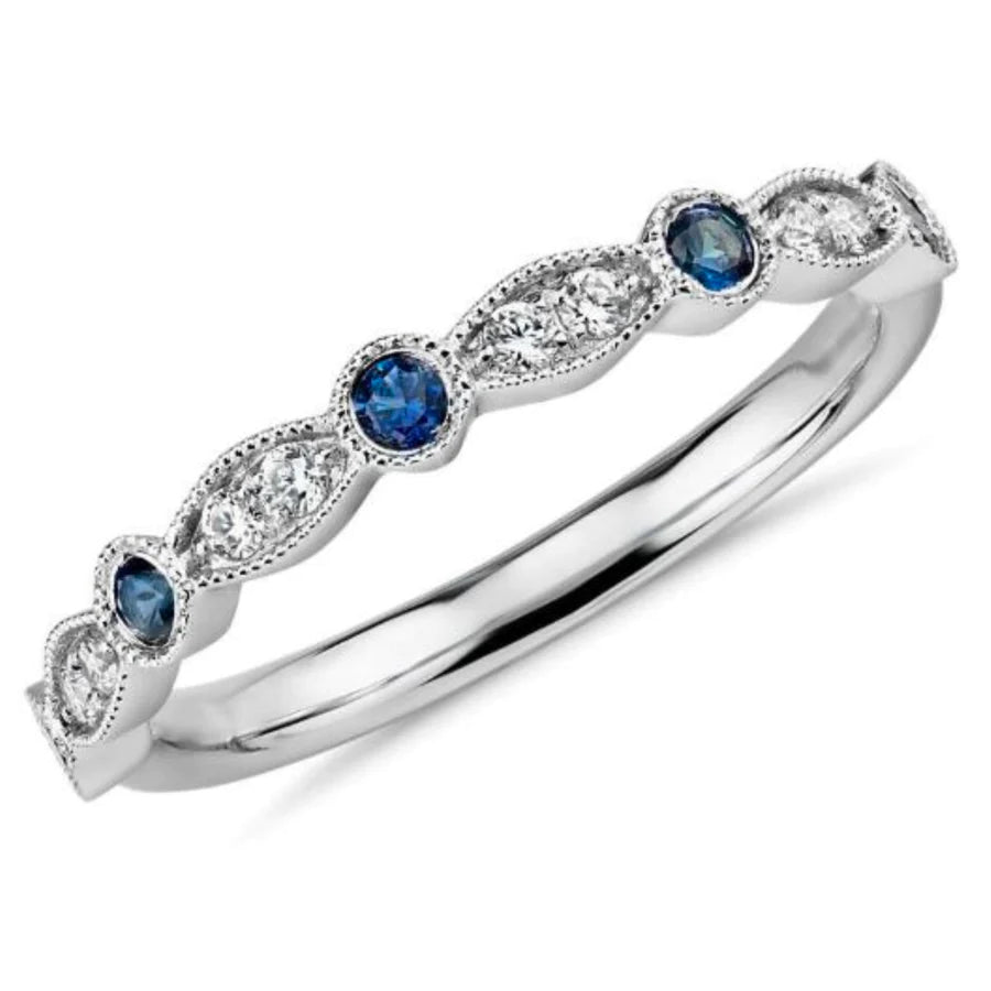 Custom Silver Wedding Ring with Engraving-Sapphire & Diamond Fancy Band Ring （14K )