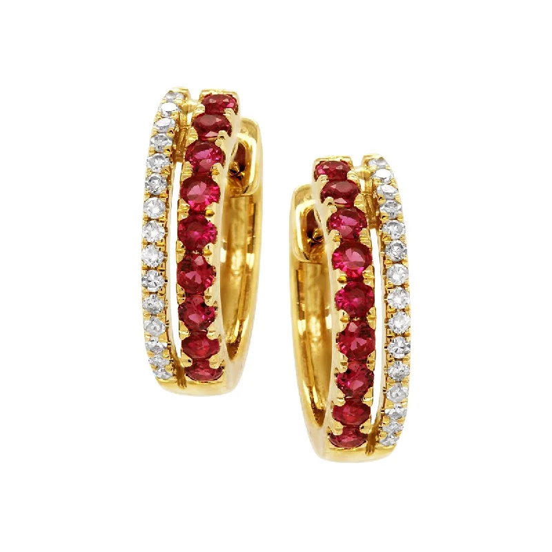 Faux Pearl Earrings-YELLOW GOLD HUGGY HOOP EARRINGS WITH RUBIES AND DIAMONDS, .08 CT TW