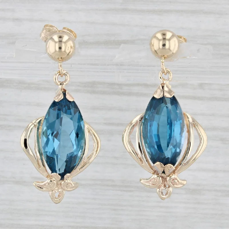 Modern Style Earrings-6.80ctw London Blue Topaz Dangle Earrings 14 Yellow Gold Marquise Drops