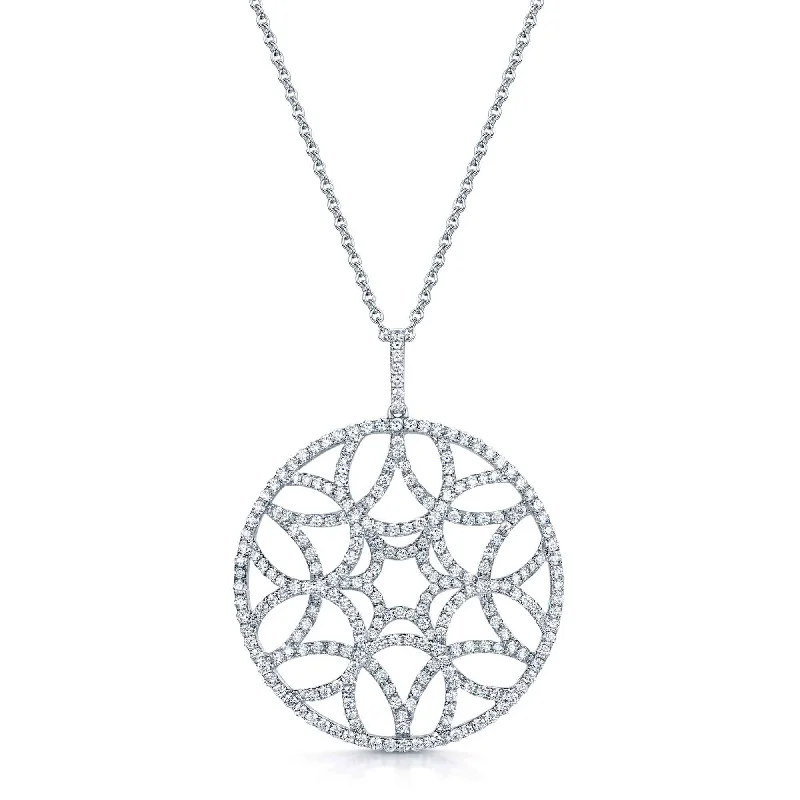 Chic Crystal Necklace for Casual Wear-18ct White Gold Large Circular Diamond Set Pendant