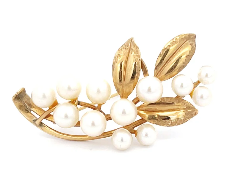 Customizable Animal Brooch with Initials-Mings Akoya Pearl and Leaf Branch Brooch in 14k Yellow Gold