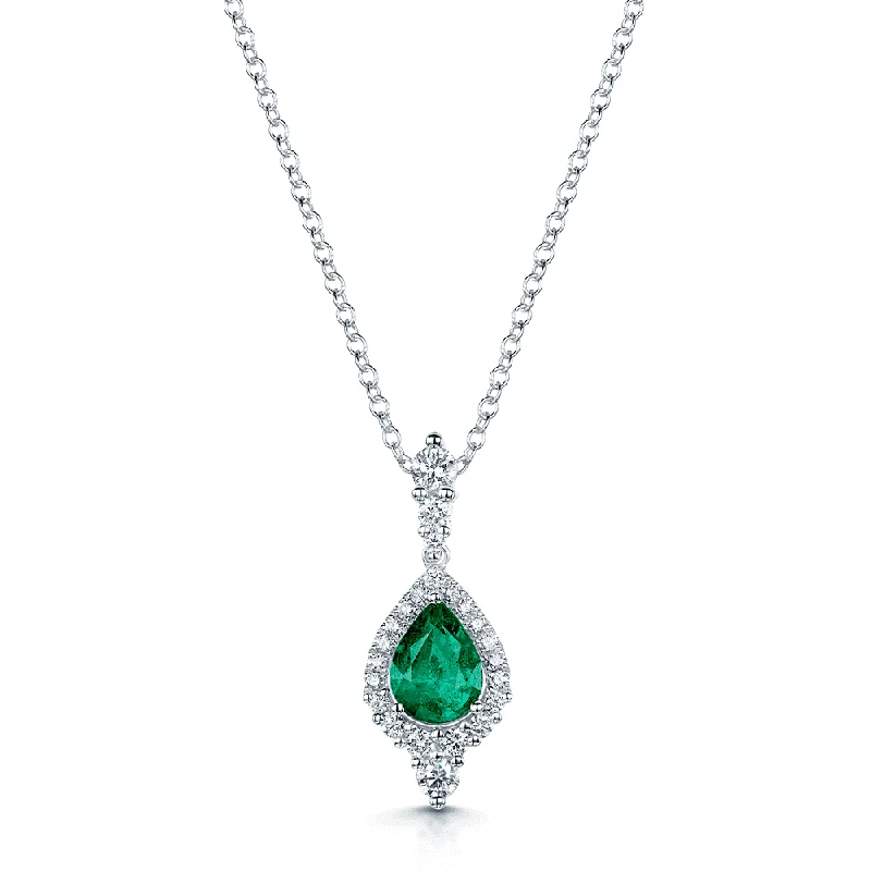 Stylish Choker Necklace for Women-18ct White Gold Pear Shaped Emerald And Diamond Vintage Halo Pendant